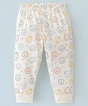 Ollypop Cotton Knit Full Length Lounge  Pant Emoji Print -   Cream
