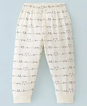 Ollypop Cotton Knit Full Length Lounge  Pant Teddy & Panda Print-  Cream