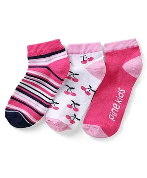 Pine Kids Cotton Spandex Knit Ankle Length Socks with Cherry Design Pack Of 3 - Pink