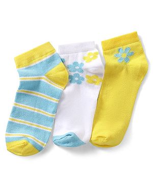 Pine Kids Cotton Spandex Knit Ankle Length Socks with Floral Design Pack Of 3 - Snow White