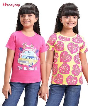 Honeyhap Premium 100% Cotton Single Jersey Half Sleeves Tropical & Beach Printed T-Shirts With Bio Finish Pack of 2 - Gold Finch Yellow & Magenta Pink