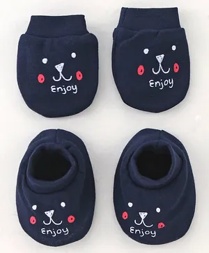 Babyhug Interlock Knit Bear Print Mittens and Booties - Navy Blue