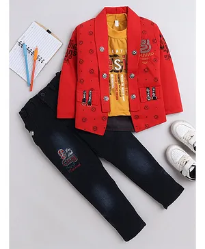 Fourfolds Full Sleeves Abstract Printed Jacket Shirt & Jeans Set - Red