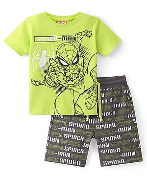 Pine Kids Marvel Cotton Knit Half Sleeves T-Shirt And Shorts Set With Spiderman Graphics - Lime