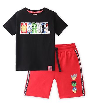 Pine Kids Marvel Cotton Knit Half Sleeves T-Shirt And Shorts Set With Avengers Graphics - Black & Red