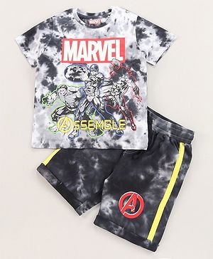 Pine Kids Marvel Cotton Knit Half Sleeves Tie & Dyed T-Shirt And Shorts Set With Avengers Graphics - Grey