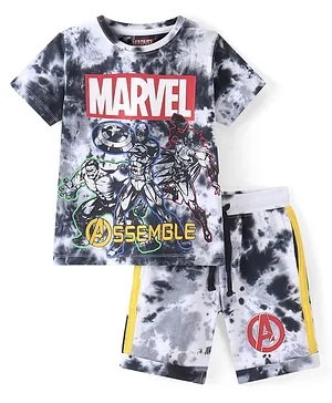 Pine Kids Marvel Cotton Knit Half Sleeves Tie & Dyed T-Shirt And Shorts Set With Avengers Graphics - Grey