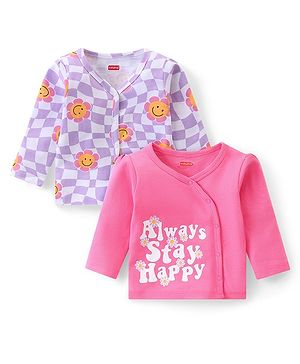 Babyhug 100% Cotton Knit Full Sleeves Checks & Floral Printed Front Open Vests Pack of 2 - Purple & Pink