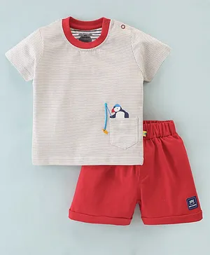 Mini Taurus 100% Cotton Knit Half Sleeves T-Shirt & Shorts With Penguin Fishing Embroidery - Beige & Red