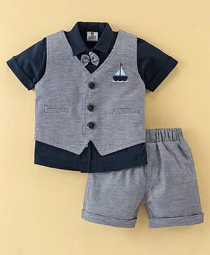 Mini Taurus Cotton Knit Half Sleeves Striped Party Suit with Boat Print & Bow Applique - Blue