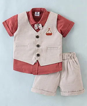 Mini Taurus Cotton Knit Half Sleeves Striped Party Suit with Boat Print & Bow Applique - Beige