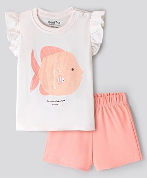 Bonfino 100% Cotton Knit Frill Sleeves  T-Shirt & Shorts Set with Sequin  Embroidery  Fish Print - Ivory & Peach