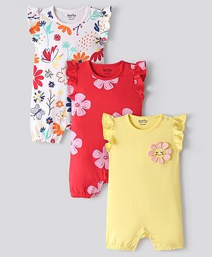 Bonfino 100% Cotton Knit Sleeveless Romper Floral & Butterfly Print Pack Of 3 - Yellow Red & Ivory