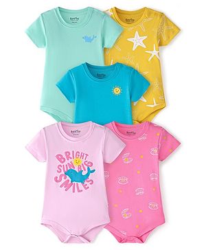 Bonfino  100% Cotton Knit Half  Sleeves Onesies Star & Dolphin Print Pack of 5 - Multicolour