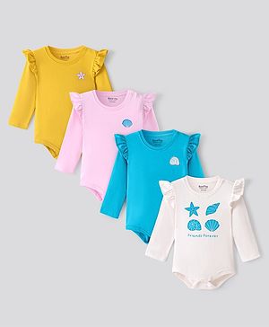 Bonfino 100% Cotton Knit Full Sleeves Onesies Starfish Print Pack Of 4 - Blue Light Pink & Yellow