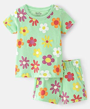 Bonfino 100% Cotton Knit Half Sleeves Night Suit With Floral Print - Pastel Green