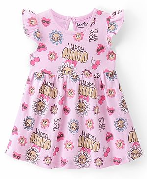 Bonfino 100% Cotton Knit Sleeveless Frock With Cherry Print - Pink