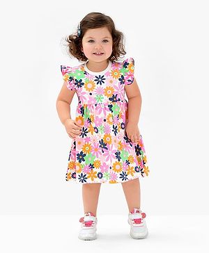 Bonfino 100% Cotton Frill Sleeves Dress with Bloomer Floral Print - Ivory