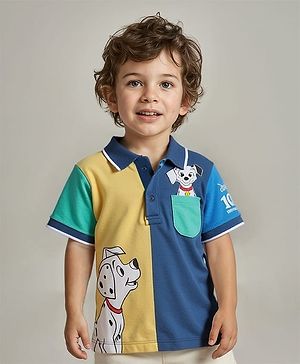 Babyhug Disney Cotton Knit Half Sleeves Polo T-Shirt  with 101 Dalmatians Graphics - Blue & Yellow