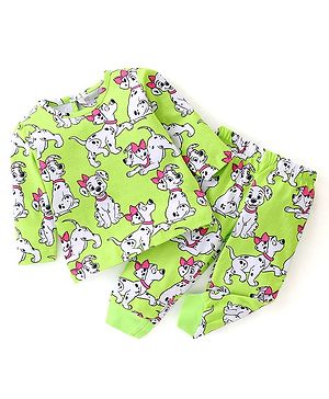 Babyhug Disney Single Jersey Full Sleeve Night Suit with 101 Dalmatians Print - Lime Green