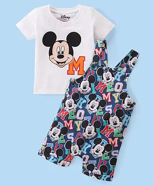 Babyhug Disney Cotton Knit Half Sleeves T-Shirt & Dungaree Set Mickey Mouse Print - White & Navy Blue