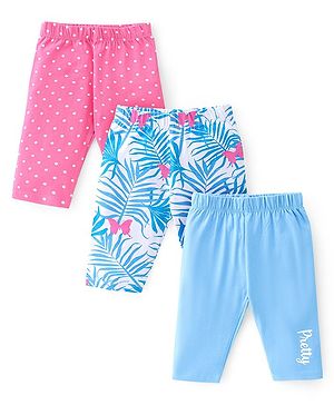 Babyhug Cotton Lycra Three Fourth Length Legging Polka Dot & Leaf Print Pack Of 3 - Blue White & Pink