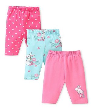 Babyhug Cotton Lycra Three Fourth Leggings Bunny & Polka Dots Print Pack of 3  - Multcolour