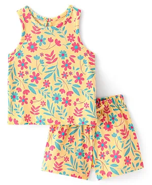 Doodle Poodle 100% Cotton Knit Sleeveless Night Suit With Floral Print - Snapdragon Yellow