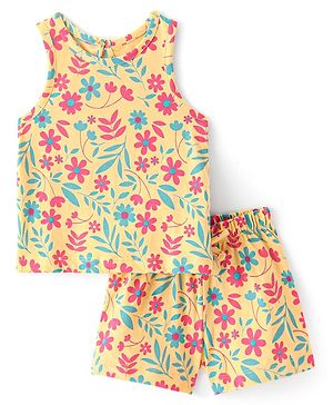 Doodle Poodle 100% Cotton Knit Sleeveless Night Suit With Floral Print - Snapdragon Yellow