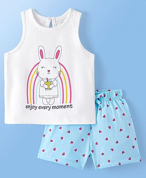 Doodle Poodle 100% Cotton Sleeveless Bunny Print Night Suit -Bright White & Blue Tint