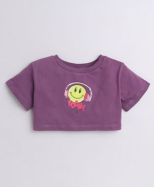 Aww Hunnie Cotton Jersey Half Sleeves Smiley Emoji Printed Crop Top - Purple