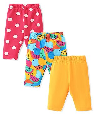 Babyhug Cotton Lycra Three Fourth Leggings Polka Dot & Fruits Print Pack of 3 - Multicolor