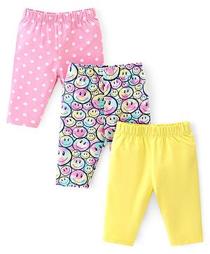 Babyhug Cotton Lycra Knit Three Fourth Length Legging Emoji & Polka Dot Print Pack Of 3 - Mutlicolor