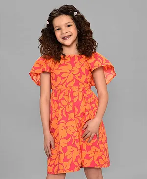 Mi Arcus  Cotton Spandex Half Sleeves Floral Printed Fit & Flared Dress - Orange
