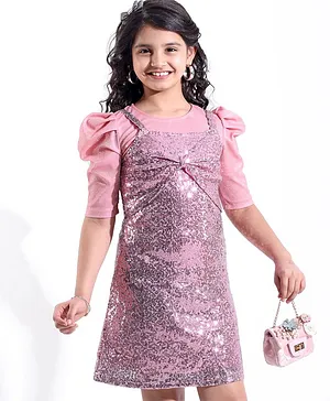 Hola Bonita Knee Length Sequin and  Shimmer Layered Party Dress with Half Sleeves Top- Pink