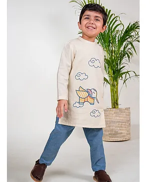 Tiber Taber Full Sleeves Elephant Embroidered Kurta Pyjama Set - Cream