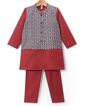 Babyhug Cotton Cambric Woven Full Sleeves Solid Kurta Pyjama Set With Printed Jacket - Red