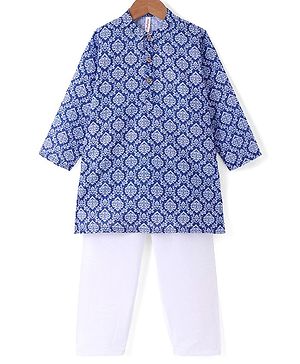 Babyhug Cotton Woven Cambric Printed Full Sleeves Kurta Pyjama Set - Blue