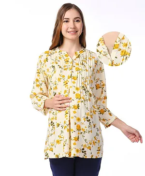 Bella Mama Viscose Woven with Pintucks Three Fourth Sleeves Maternity Top with Floral Print - Yellow