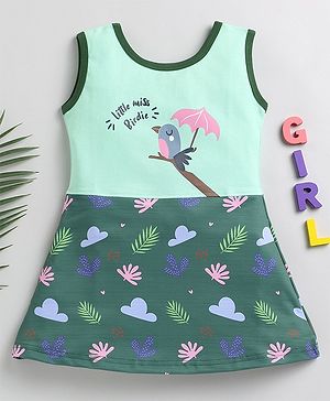 TOONYPORT 100% Cotton Sleeveless Bird & Cloud Printed Dress - Light Green