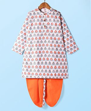 Babyhug Cambric Full Sleeves Hand Block Printed Dhoti Kurta Set - White