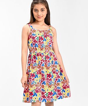 Pine Kids 100% Cotton Knit Sleeveless Frock With Floral Print - Snow White