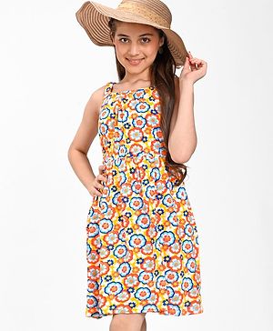 Pine Kids Cotton Sleeveless Floral Printed Frock - Aspen Gold