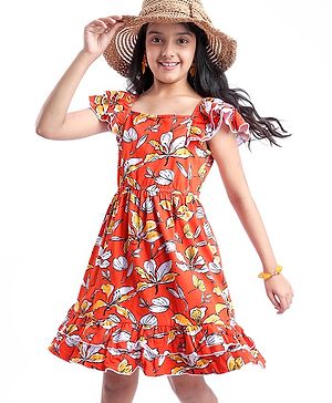 Pine Kids Cotton Knit Sleeveless Frock with Floral Print - Red