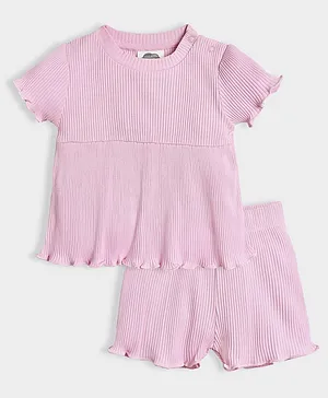 Mi Arcus 100% Cotton Half Sleeves
                              Ribbed Pattern Top & Shorts Set -
                              Pink