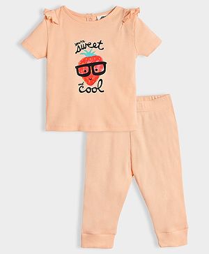 Mi Arcus 100% Cotton Half Sleeves Fruits Printed Tee & Pajama Set - Peach