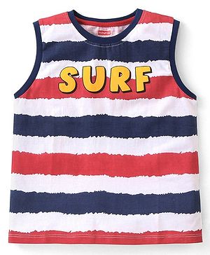 Babyhug Cotton Knit  Sleeveless Striped  T-Shirt  with Text Graphics - Multicolour