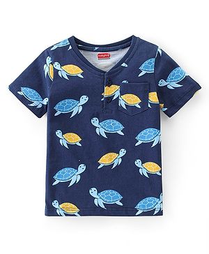 Babyhug Cotton Knit Henley Neck Half Sleeves Turtle Printed T-Shirt with Pockets - Navy Blue