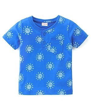 Babyhug Cotton Knit Half Sleeves Henley Neck T-Shirt With Pocket Detailing and Sun Print - Blue