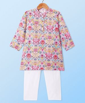 Babyhug Cambric Woven Full Sleeves Floral Printed Kurta With Pyjama Set - Light Pink & White